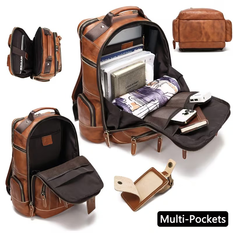 نمای داخل کولهپشتی چرمی گراز مدل وراکس – محفظه اصلی با چندین جیب (Multipockets)